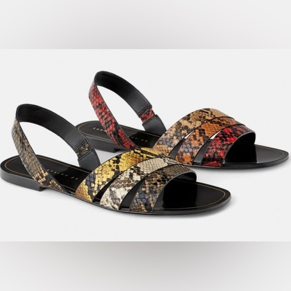 Zara Trafaluc Three Strap Flat Sandals in Python Snake Size 10 NWT - Picture 3 of 10